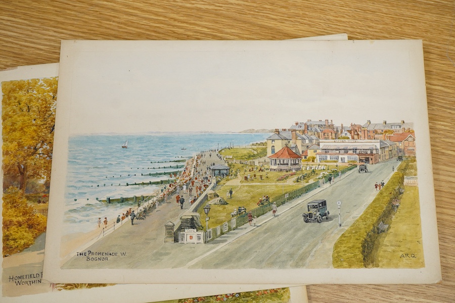 Sir Alfred Robert Quinton (1853-1934), Set of eight original watercolours for postcard designs, Sussex views to include Mermaid Street, Rye, Old Town, Hastings and Preston Park, Brighton, each monogrammed, signed or insc